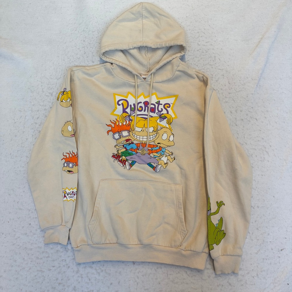 Nickelodeon Rugrats Hoodie Unisex Large Tan Graphic Pullover Reptar Sleeve